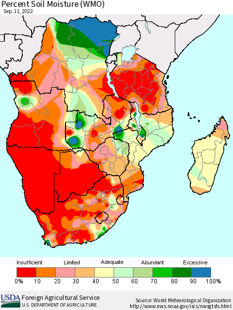 Southern Africa Percent Soil Moisture (WMO) Thematic Map For 9/5/2022 - 9/11/2022