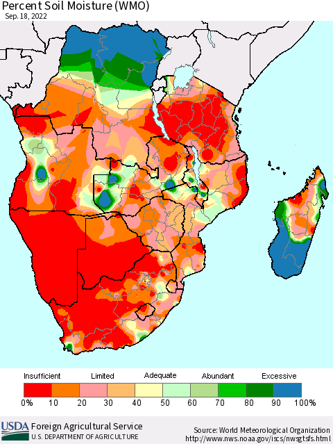 Southern Africa Percent Soil Moisture (WMO) Thematic Map For 9/12/2022 - 9/18/2022