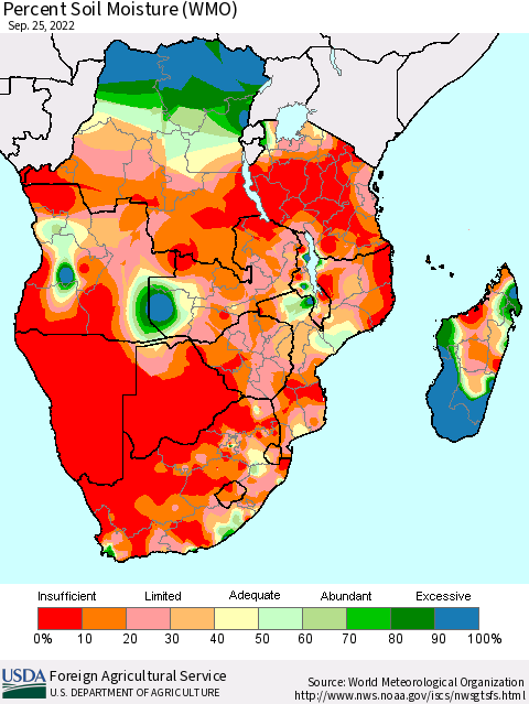 Southern Africa Percent Soil Moisture (WMO) Thematic Map For 9/19/2022 - 9/25/2022