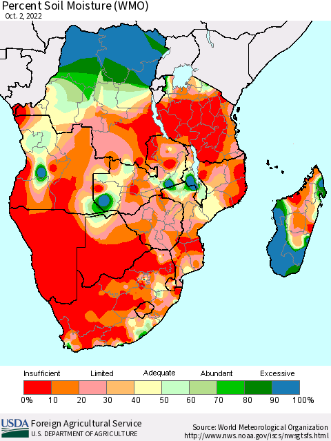 Southern Africa Percent Soil Moisture (WMO) Thematic Map For 9/26/2022 - 10/2/2022