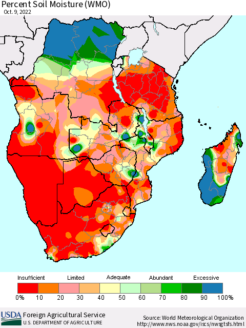 Southern Africa Percent Soil Moisture (WMO) Thematic Map For 10/3/2022 - 10/9/2022