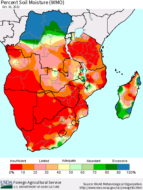 Southern Africa Percent Soil Moisture (WMO) Thematic Map For 10/10/2022 - 10/16/2022