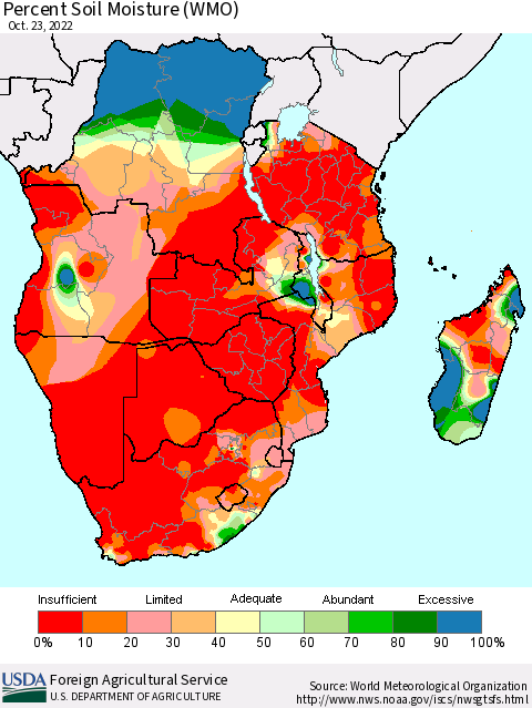 Southern Africa Percent Soil Moisture (WMO) Thematic Map For 10/17/2022 - 10/23/2022
