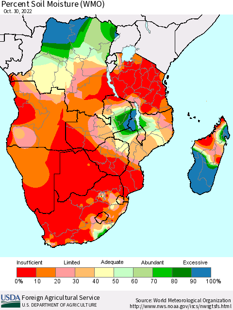 Southern Africa Percent Soil Moisture (WMO) Thematic Map For 10/24/2022 - 10/30/2022