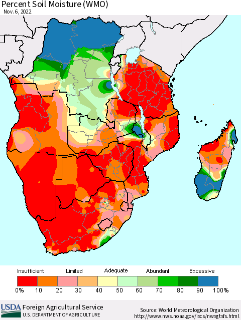 Southern Africa Percent Soil Moisture (WMO) Thematic Map For 10/31/2022 - 11/6/2022