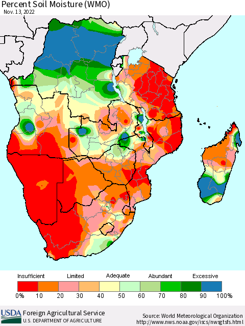 Southern Africa Percent Soil Moisture (WMO) Thematic Map For 11/7/2022 - 11/13/2022