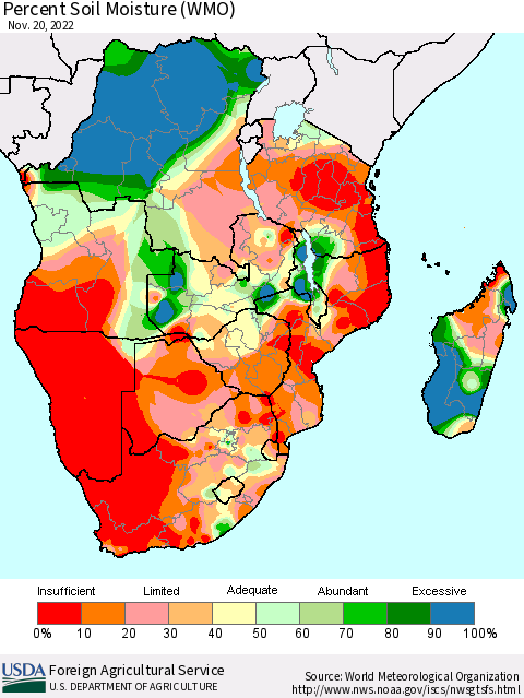 Southern Africa Percent Soil Moisture (WMO) Thematic Map For 11/14/2022 - 11/20/2022
