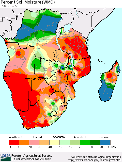 Southern Africa Percent Soil Moisture (WMO) Thematic Map For 11/21/2022 - 11/27/2022