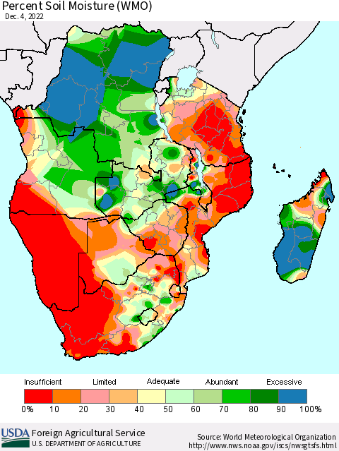 Southern Africa Percent Soil Moisture (WMO) Thematic Map For 11/28/2022 - 12/4/2022