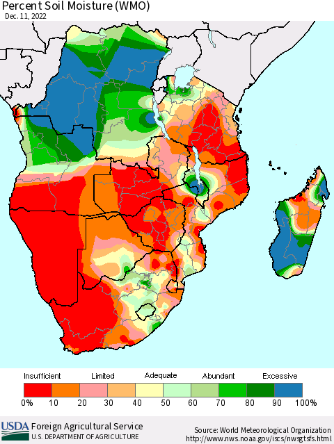 Southern Africa Percent Soil Moisture (WMO) Thematic Map For 12/5/2022 - 12/11/2022