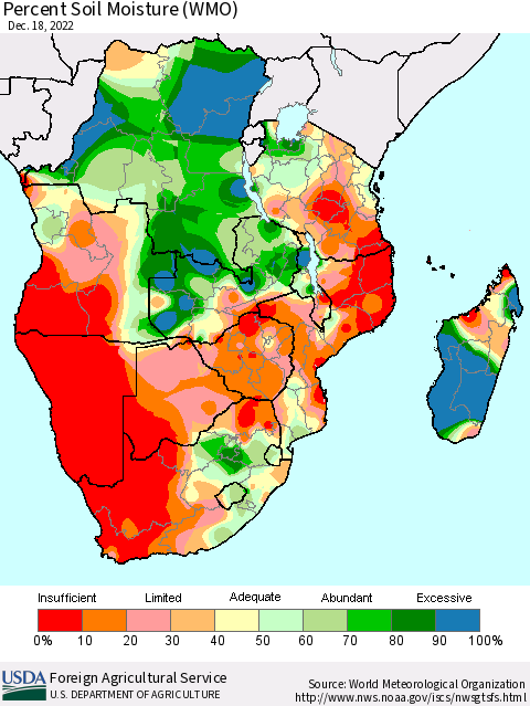 Southern Africa Percent Soil Moisture (WMO) Thematic Map For 12/12/2022 - 12/18/2022