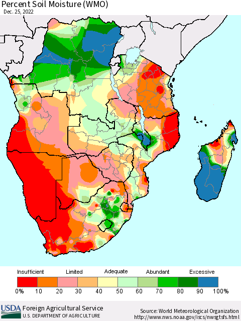 Southern Africa Percent Soil Moisture (WMO) Thematic Map For 12/19/2022 - 12/25/2022