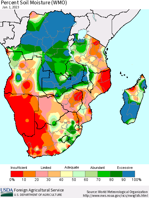 Southern Africa Percent Soil Moisture (WMO) Thematic Map For 12/26/2022 - 1/1/2023