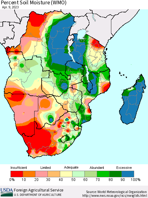 Southern Africa Percent Soil Moisture (WMO) Thematic Map For 4/3/2023 - 4/9/2023