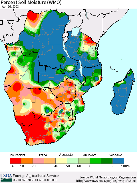 Southern Africa Percent Soil Moisture (WMO) Thematic Map For 4/10/2023 - 4/16/2023