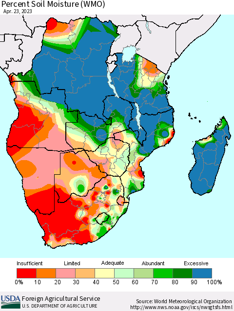 Southern Africa Percent Soil Moisture (WMO) Thematic Map For 4/17/2023 - 4/23/2023