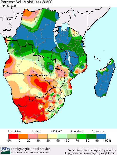 Southern Africa Percent Soil Moisture (WMO) Thematic Map For 4/24/2023 - 4/30/2023