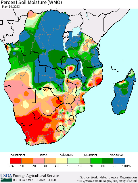 Southern Africa Percent Soil Moisture (WMO) Thematic Map For 5/8/2023 - 5/14/2023
