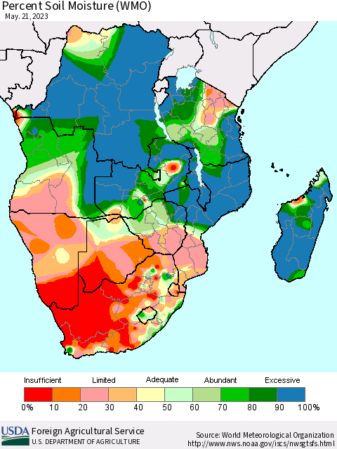 Southern Africa Percent Soil Moisture (WMO) Thematic Map For 5/15/2023 - 5/21/2023