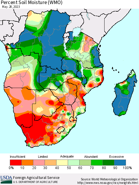 Southern Africa Percent Soil Moisture (WMO) Thematic Map For 5/22/2023 - 5/28/2023