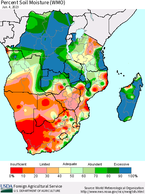 Southern Africa Percent Soil Moisture (WMO) Thematic Map For 5/29/2023 - 6/4/2023