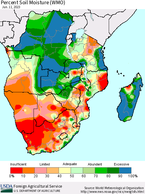 Southern Africa Percent Soil Moisture (WMO) Thematic Map For 6/5/2023 - 6/11/2023