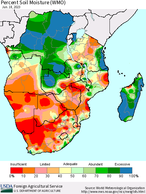 Southern Africa Percent Soil Moisture (WMO) Thematic Map For 6/12/2023 - 6/18/2023