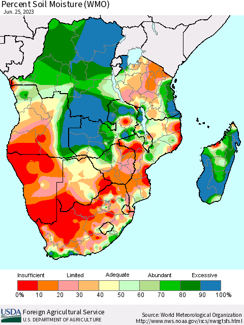 Southern Africa Percent Soil Moisture (WMO) Thematic Map For 6/19/2023 - 6/25/2023