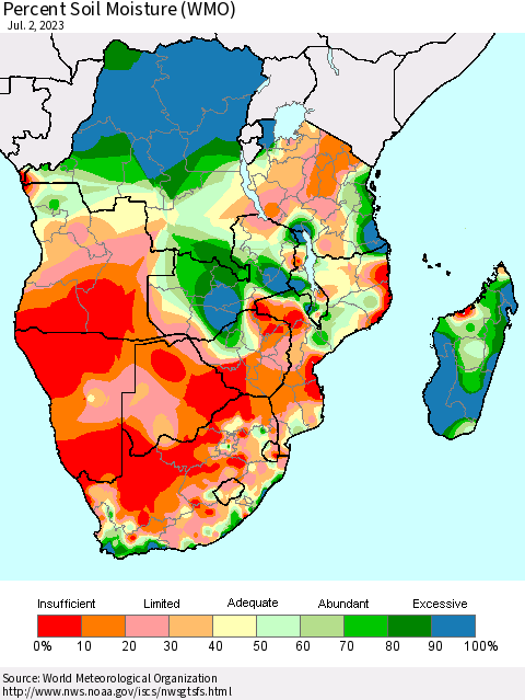 Southern Africa Percent Soil Moisture (WMO) Thematic Map For 6/26/2023 - 7/2/2023
