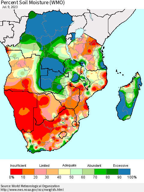 Southern Africa Percent Soil Moisture (WMO) Thematic Map For 7/3/2023 - 7/9/2023