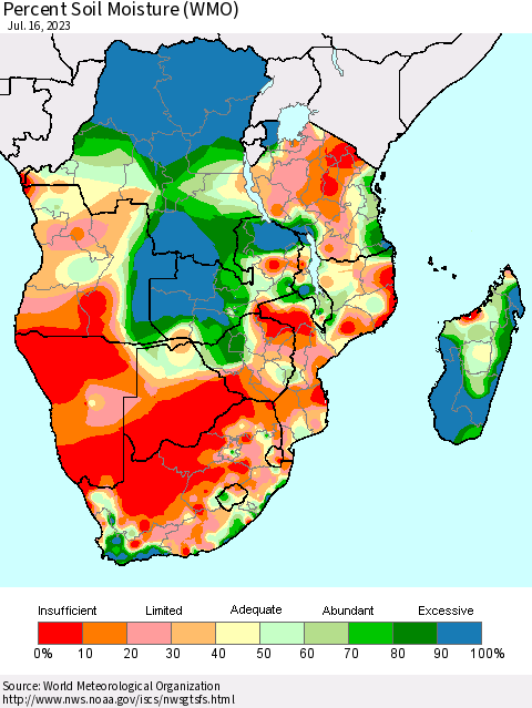 Southern Africa Percent Soil Moisture (WMO) Thematic Map For 7/10/2023 - 7/16/2023