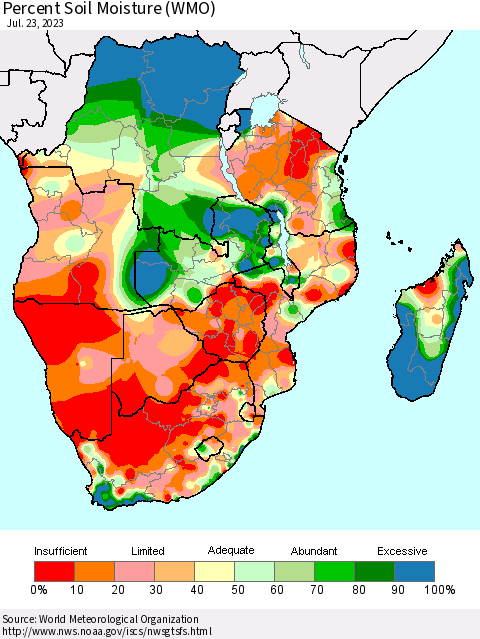 Southern Africa Percent Soil Moisture (WMO) Thematic Map For 7/17/2023 - 7/23/2023