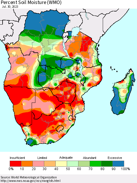 Southern Africa Percent Soil Moisture (WMO) Thematic Map For 7/24/2023 - 7/30/2023