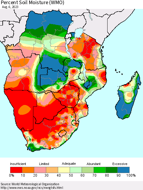 Southern Africa Percent Soil Moisture (WMO) Thematic Map For 7/31/2023 - 8/6/2023
