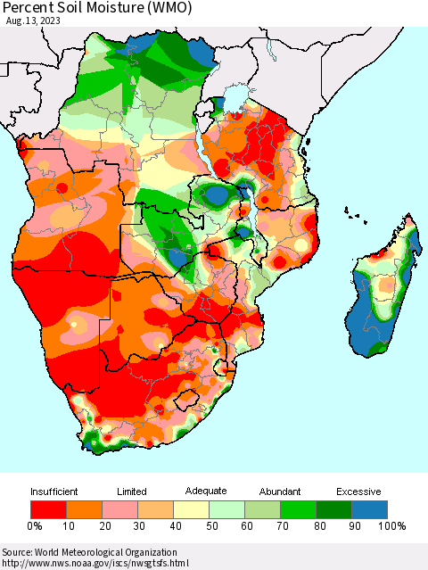 Southern Africa Percent Soil Moisture (WMO) Thematic Map For 8/7/2023 - 8/13/2023