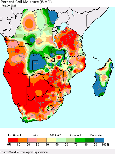 Southern Africa Percent Soil Moisture (WMO) Thematic Map For 8/14/2023 - 8/20/2023