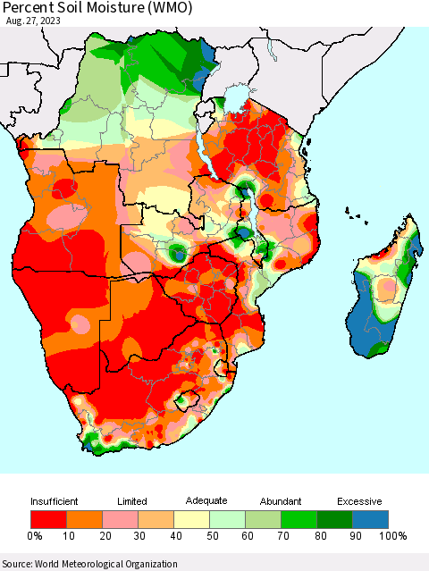 Southern Africa Percent Soil Moisture (WMO) Thematic Map For 8/21/2023 - 8/27/2023