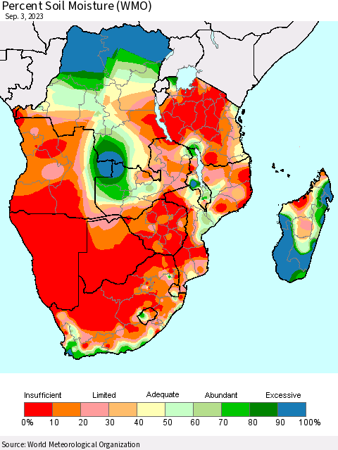 Southern Africa Percent Soil Moisture (WMO) Thematic Map For 8/28/2023 - 9/3/2023