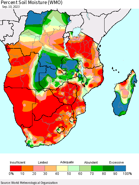Southern Africa Percent Soil Moisture (WMO) Thematic Map For 9/4/2023 - 9/10/2023