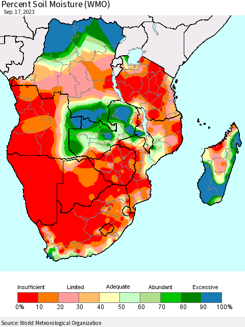 Southern Africa Percent Soil Moisture (WMO) Thematic Map For 9/11/2023 - 9/17/2023