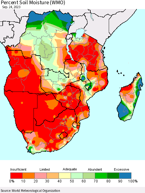 Southern Africa Percent Soil Moisture (WMO) Thematic Map For 9/18/2023 - 9/24/2023