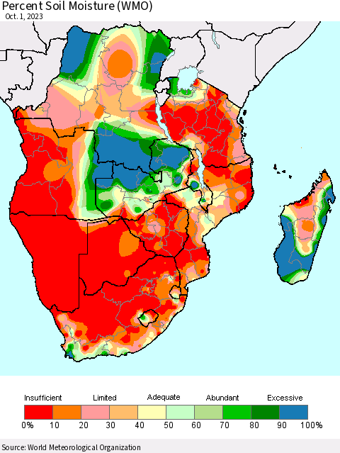 Southern Africa Percent Soil Moisture (WMO) Thematic Map For 9/25/2023 - 10/1/2023