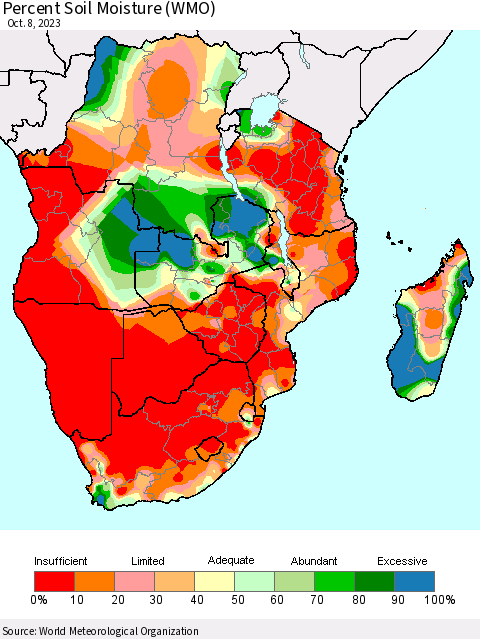 Southern Africa Percent Soil Moisture (WMO) Thematic Map For 10/2/2023 - 10/8/2023