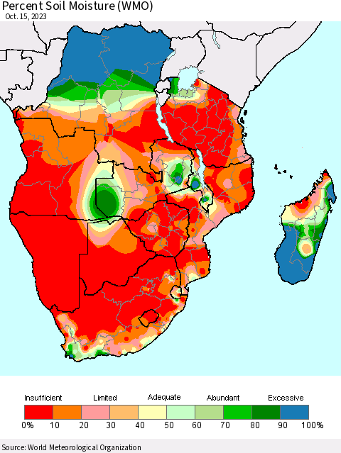 Southern Africa Percent Soil Moisture (WMO) Thematic Map For 10/9/2023 - 10/15/2023