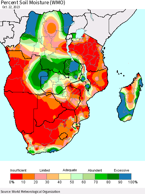 Southern Africa Percent Soil Moisture (WMO) Thematic Map For 10/16/2023 - 10/22/2023