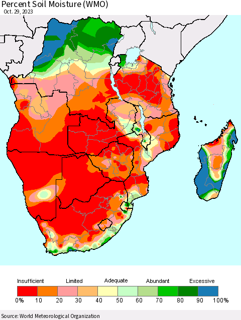 Southern Africa Percent Soil Moisture (WMO) Thematic Map For 10/23/2023 - 10/29/2023