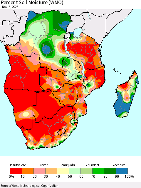 Southern Africa Percent Soil Moisture (WMO) Thematic Map For 10/30/2023 - 11/5/2023