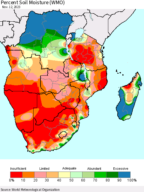 Southern Africa Percent Soil Moisture (WMO) Thematic Map For 11/6/2023 - 11/12/2023