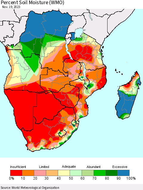 Southern Africa Percent Soil Moisture (WMO) Thematic Map For 11/13/2023 - 11/19/2023