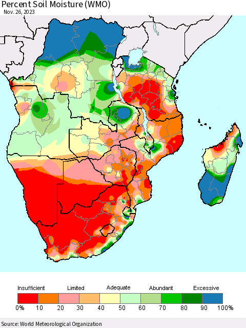 Southern Africa Percent Soil Moisture (WMO) Thematic Map For 11/20/2023 - 11/26/2023